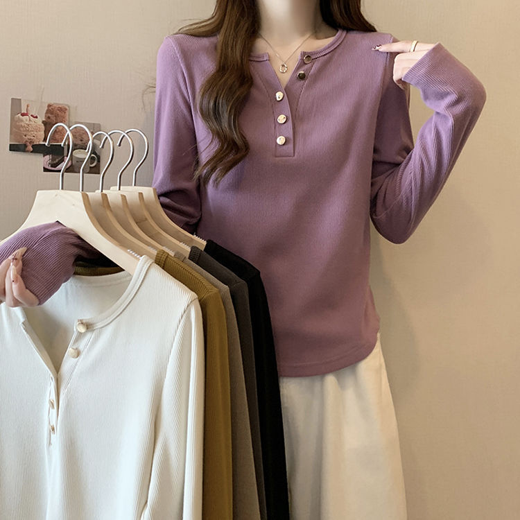 Autumn and Winter Pure Cotton New Style Right Shoulder Slim Long-Sleeved T-Shirt Fat mm Large Size Western Style V Neck Versatile Women's Top 100kg