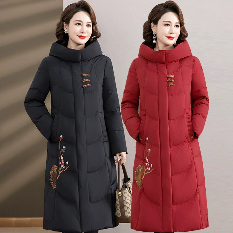 Среднего и пожилого возраста пуховик мама зимняя одежда 2024 новый новый китайский вышитый хлопчатобумажная куртка длинная хлопчатобумажная одежда