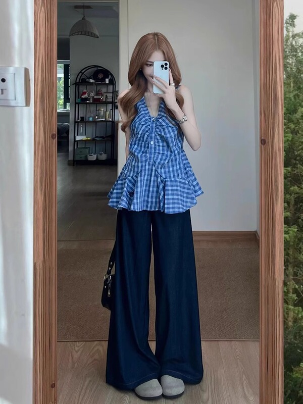 韓国スタイルのホルターネック V ネックノースリーブキャミソール女性の夏の新しいウエストデザイン気質チェック柄シャツトップ|undefined