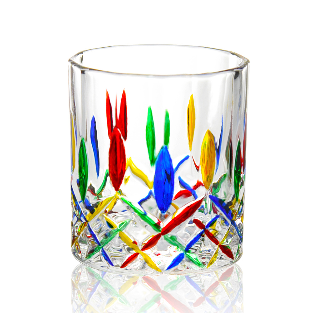 家居生活摆件好物 手工彩绘七彩红酒高脚杯 复古彩绘玻璃冰河杯