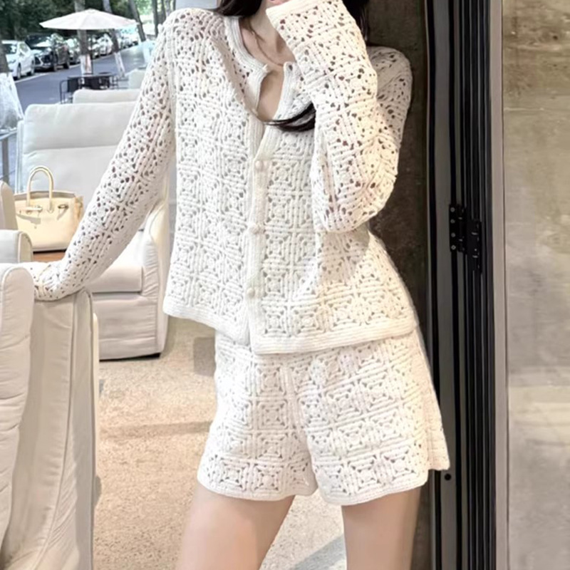 In-Stock Manufacturer Wholesale Lightweight High-Quality Design Hollow-Out Crochet Long-Sleeve Knit Top Fashion Shorts Set for Women