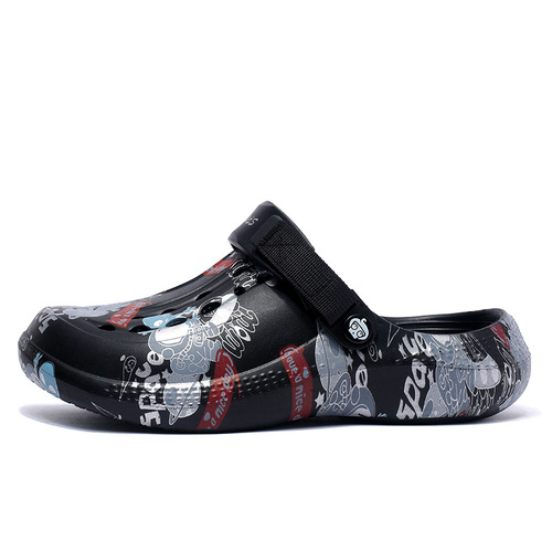 Men's Summer Slip-on Sandals, Wide Size, Dual-Wear, Graffiti Design, Thick Sole with Gritty Texture, Water-Resistant Beach Shoes
