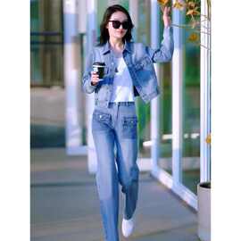 春装2024年新款小个子盐系穿搭轻熟风牛仔上衣裤子工装两件套装女