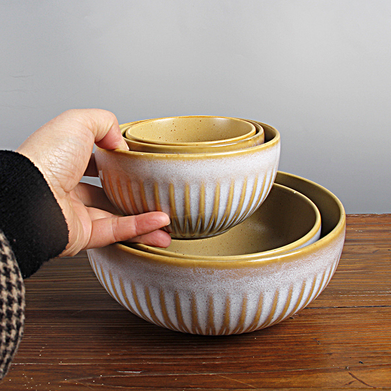 Nueva porcelana de hueso de cerámica de estilo japonés [tazón de fuente de fideos de una persona tazón de sopa tazón de ensalada] Tazón grande retro de cuatro familias Tazón