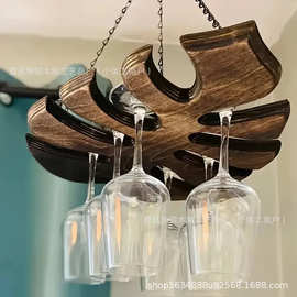 跨境木制酒杯架龟背叶红酒杯架客厅厨房悬挂式创意木制杯架倒挂杯