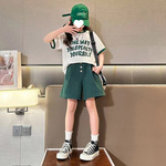 女童夏季拼色运动套装2025新款中大童字母T恤五分裤韩范两件套潮