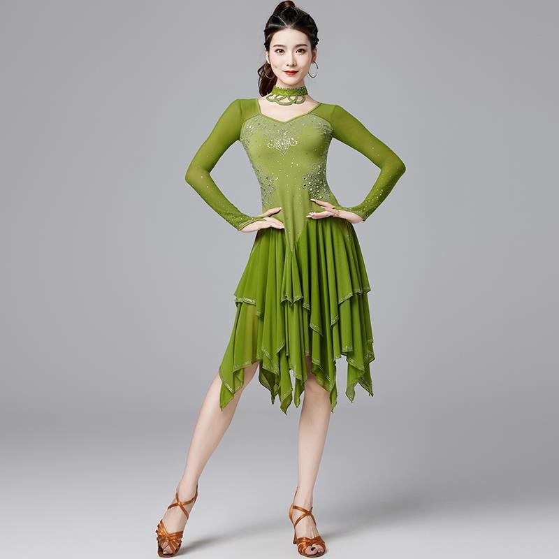 Latin Dance Blackpool Competition Performance Outfit 2024 New Professional Floral Dress with Heavy Rhinestone Dance Long-Sleeve Dress