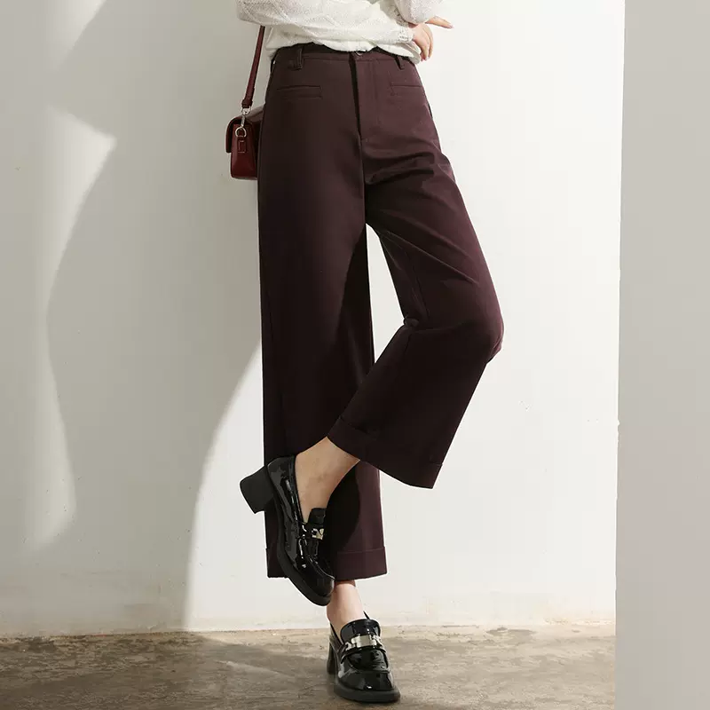 厂家直销新款时尚流行横口袋翻边九分直筒裤紫色后腰橡筋休闲裤女