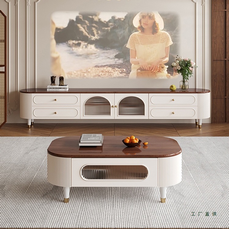 Light Luxury French Solid Wood Coffee Table Tv Cabinet Combination Modern Simple Mid-Century Style Living Room Home High-End Walnut