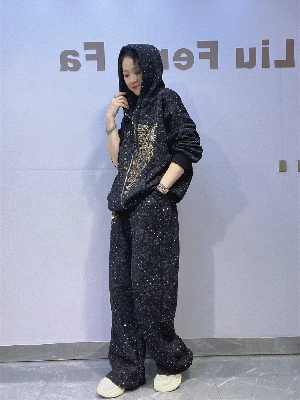 タイダイジッパーカーディガン大きいサイズスウェットシャツスーツ女性の秋ホットダイヤモンドカジュアルストレートパンツアウトドアスポーツウェア 2 点セット