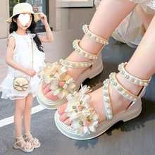 真皮女童凉鞋2025夏季新款儿童软底花朵罗马鞋中大