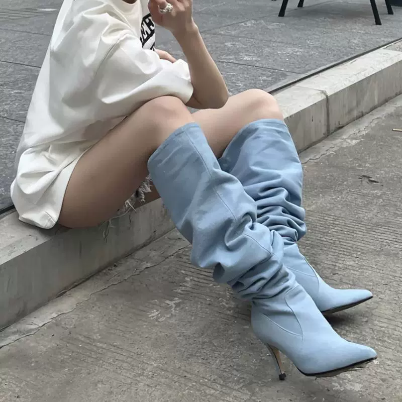 Европейские и американские горячие девушки ковбойские складки сапоги женские 2023 новые большие трубочки на каблуках на высоких каблуках сапоги рыцари сапоги