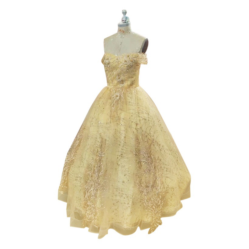 Vestido de coro dorado 2024 rendimiento de primavera vestido de novia de color esponjoso EXAMEN DE ARTE solo mujer estudiante traje de rendimiento simple