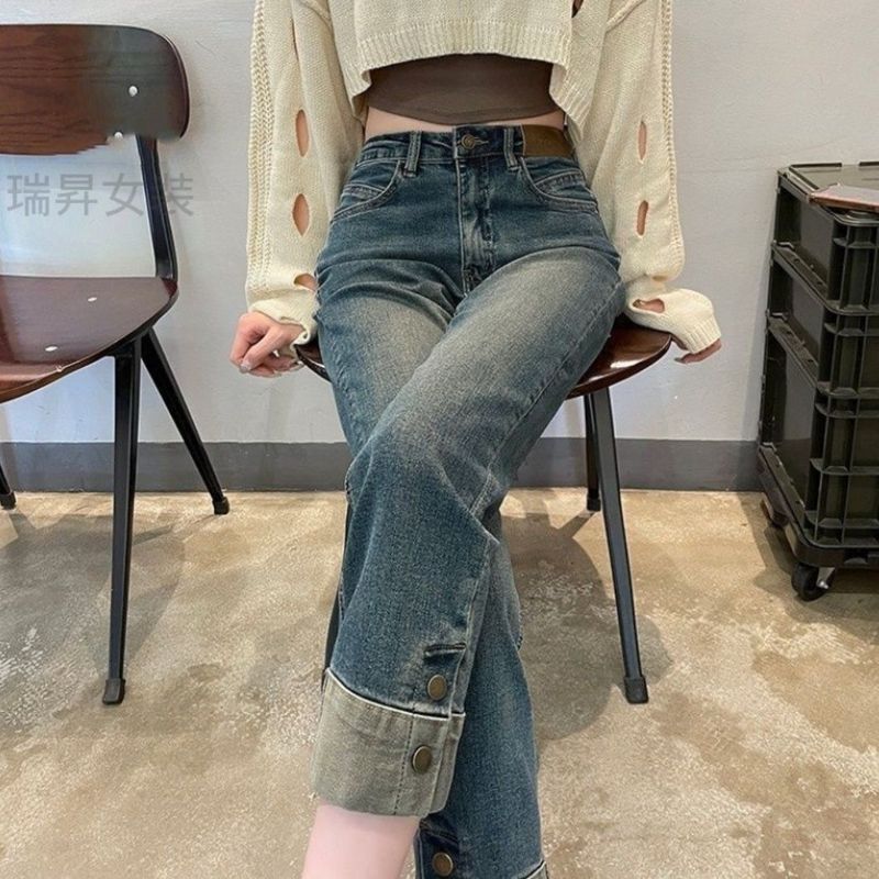 水泥灰烟管牛仔裤女2025春秋新款高腰修身显瘦八分直筒裤九分拼接|undefined