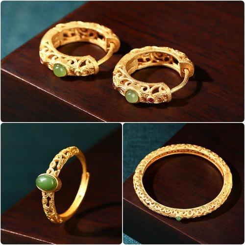  national trend cloud pattern ancient method color-preserving gold-plated Hetian jade inlaid with natural jasper Ruyi hollow ring and earrings set