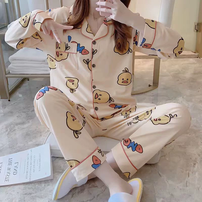Long‑sleeve pajama cardigan, women’s cartoon print loungewear, relaxed fit, sizes M–XXL
