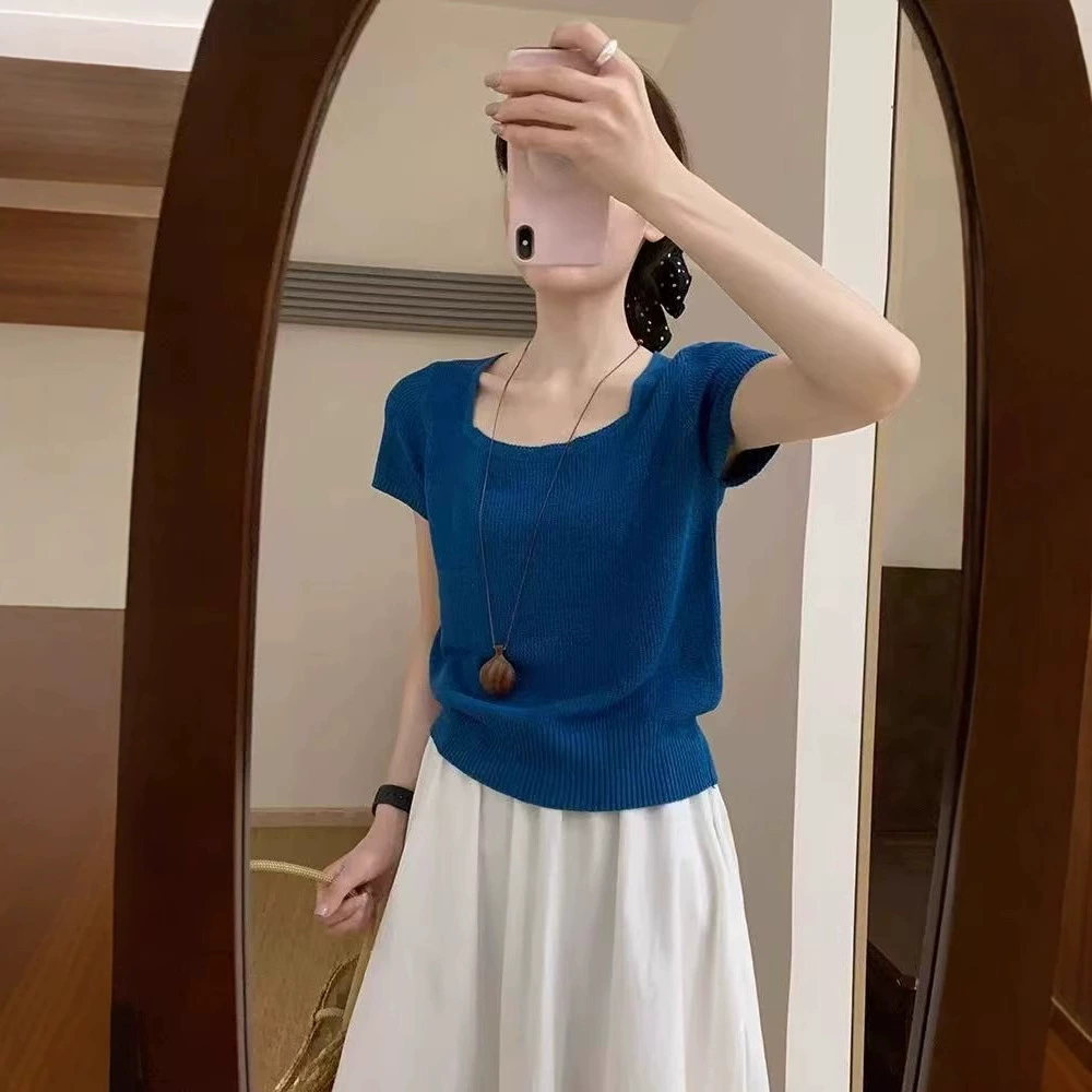 Дофамин синий квадратный воротник трикотажная футболка с короткими рукавами женская летняя корейская ледяная шелковая рубашка тонкая топа с положительным плечом