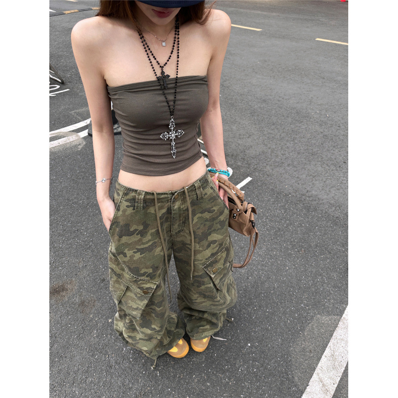 Summer Slim-Fit Simple Hot Girl Tube Top Women's American Retro Drawstring Camouflage Wide-Leg Workwear Denim Pants Set Summer Slim-Fit Simple Hot Girl Tube Top Women's American Retro Drawstring Camouflage Wide-Leg Workwear Denim Pants Set