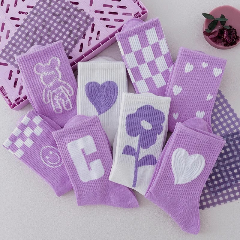 Mid-Calf Women's Socks for Autumn and Winter, Floral Color-Blocking Purple Socks, Sports Wear, Student Long Socks, Purple Socks