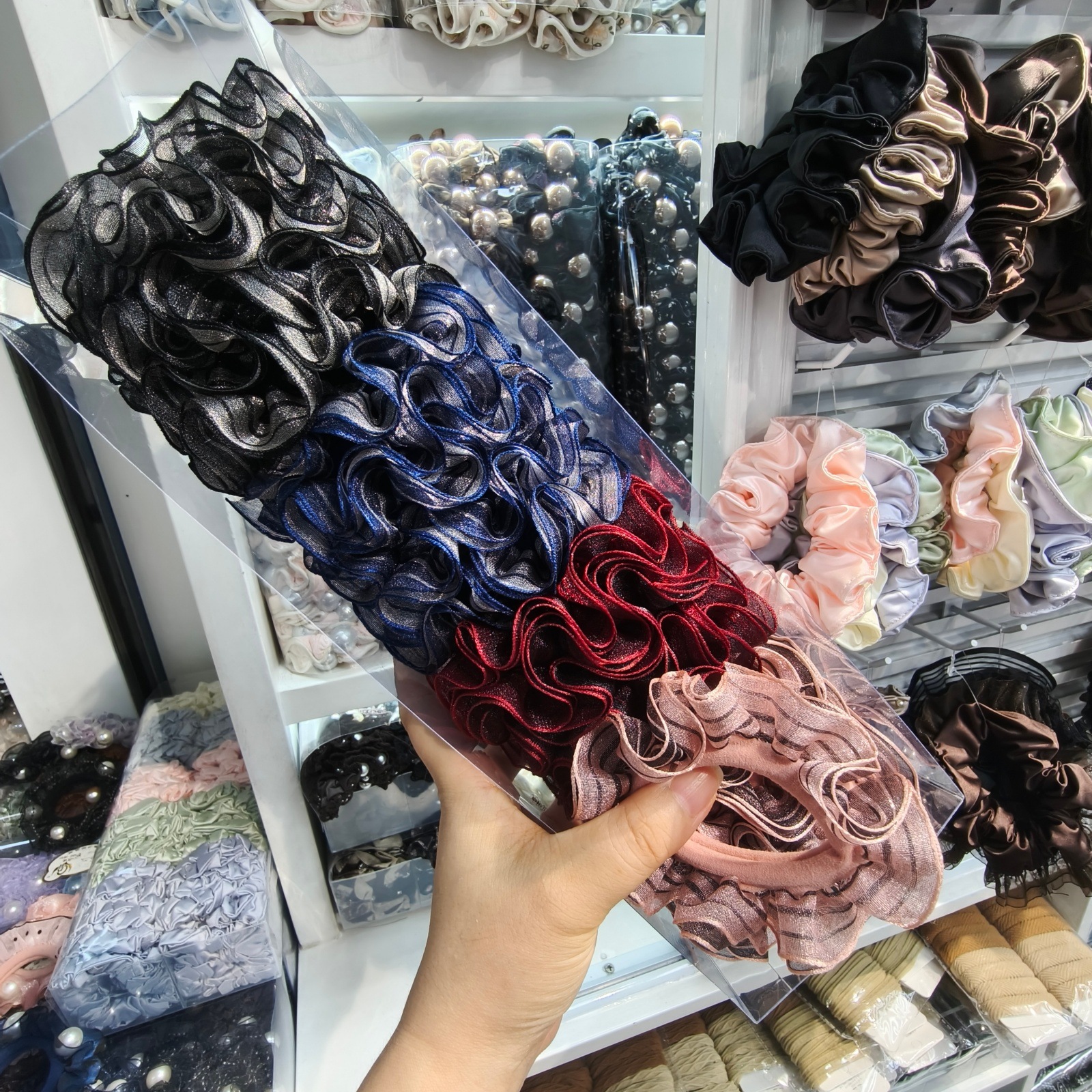 Sequin glitter fabric wavy ruffled high-elastic seamless fabric hair tie hair accessory cross-border wholesale