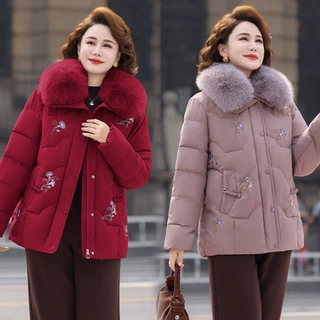 中老年人冬装女羽绒棉服妈妈加绒加厚棉袄奶奶装毛领棉衣外套太太