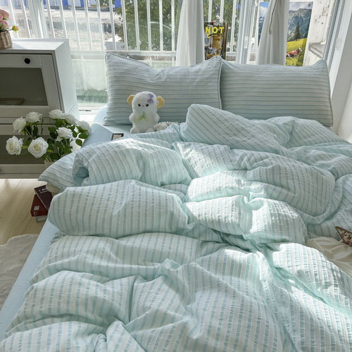 Small fresh seersucker 100 washed cotton bed four-piece set ins style bed sheet quilt cover dormitory three-piece bedding set