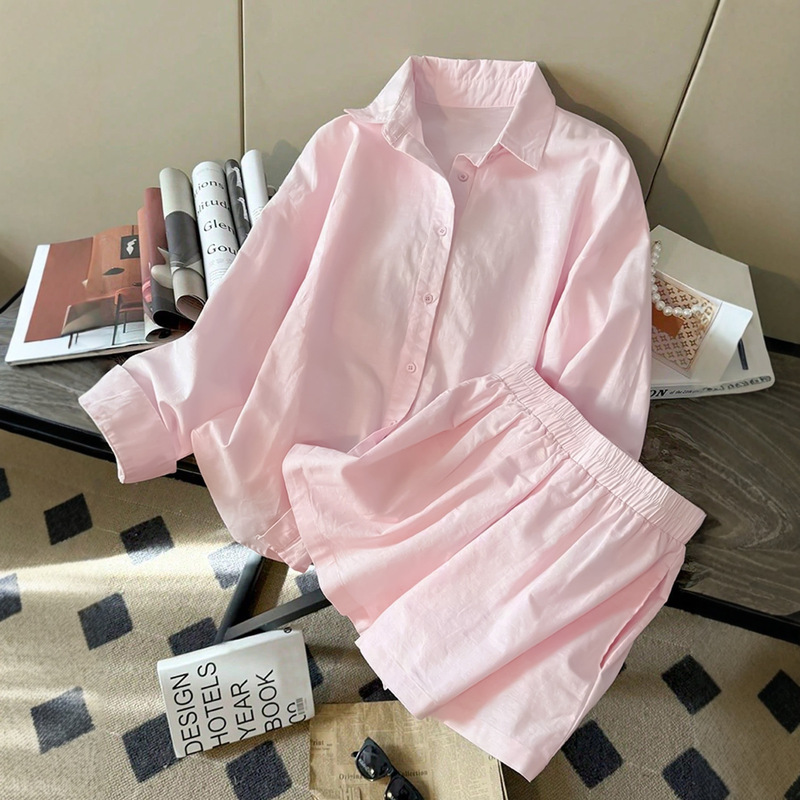2025 New Loose and Versatile Temperament Lapel Long-Sleeved Pink Shirt Shirt Shorts Suit 2025 New Loose and Versatile Temperament Lapel Long-Sleeved Pink Shirt Shirt Shorts Suit