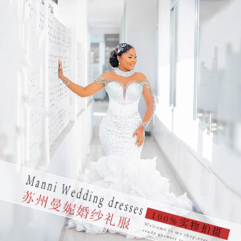 Amazon's New Export Wedding Dress Cross-Border European and American Bride Wedding Rhinestone Deep V Mermaid Wedding Dress