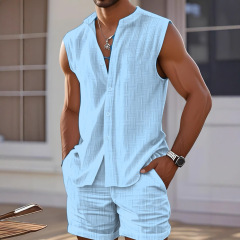 夏のアマゾン AliExpress ヨーロッパとアメリカのクロスボーダー紳士服ベストシャツカジュアルルーズノースリーブショーツビーチスーツ