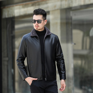 New Men's Fur All-In-One Leather Jacket Men's Coat Plus Velvet Thickened Leather Jacket Casual Loose Middle-Aged and Elderly Dad's Clothing