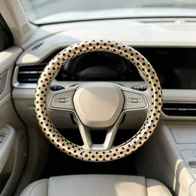 Steering wheel cover – Fashion Steering Wheel Cover - pu-leather-gold-base-black-polka-dots-universal-style-38cm