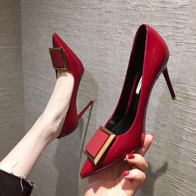 2023 spring versatile new girl online celebrity French patent leather high heels women's stiletto heel pointed sexy black single-layer shoes