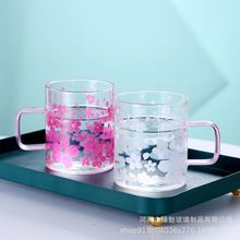 樱花创意感温变色玻璃水杯时尚高硼硅玻璃带把玻璃杯透明马克杯子