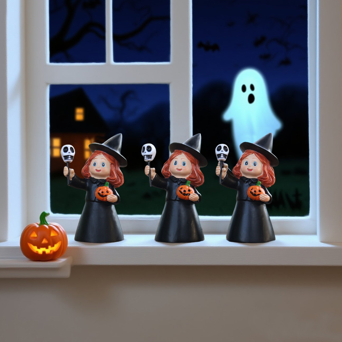 Halloween Decoration Scene Layout Props Little Witch Set of Three Creative Handheld Skeleton Ghost Head Witch Ornaments 