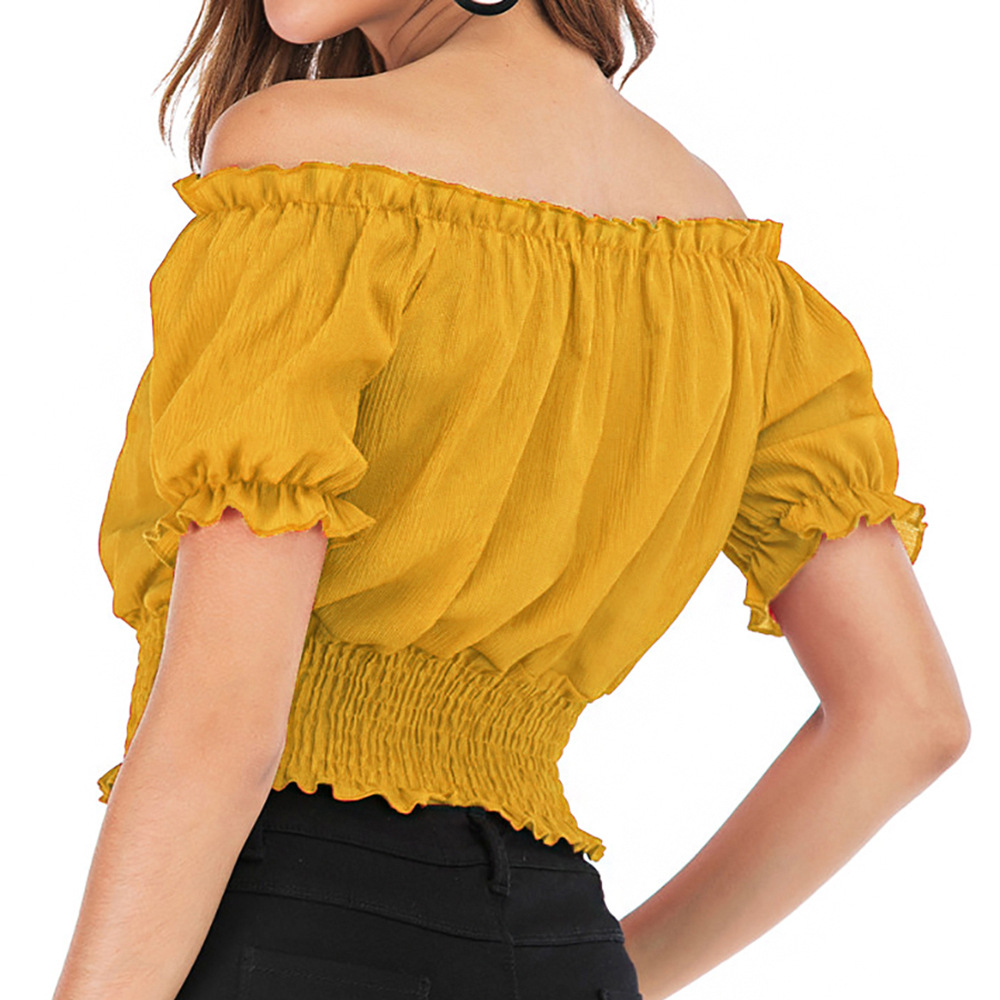 One-Word Collar Short-Sleeved Lace-Up Fungus Edge Solid Color Top NSJR113952