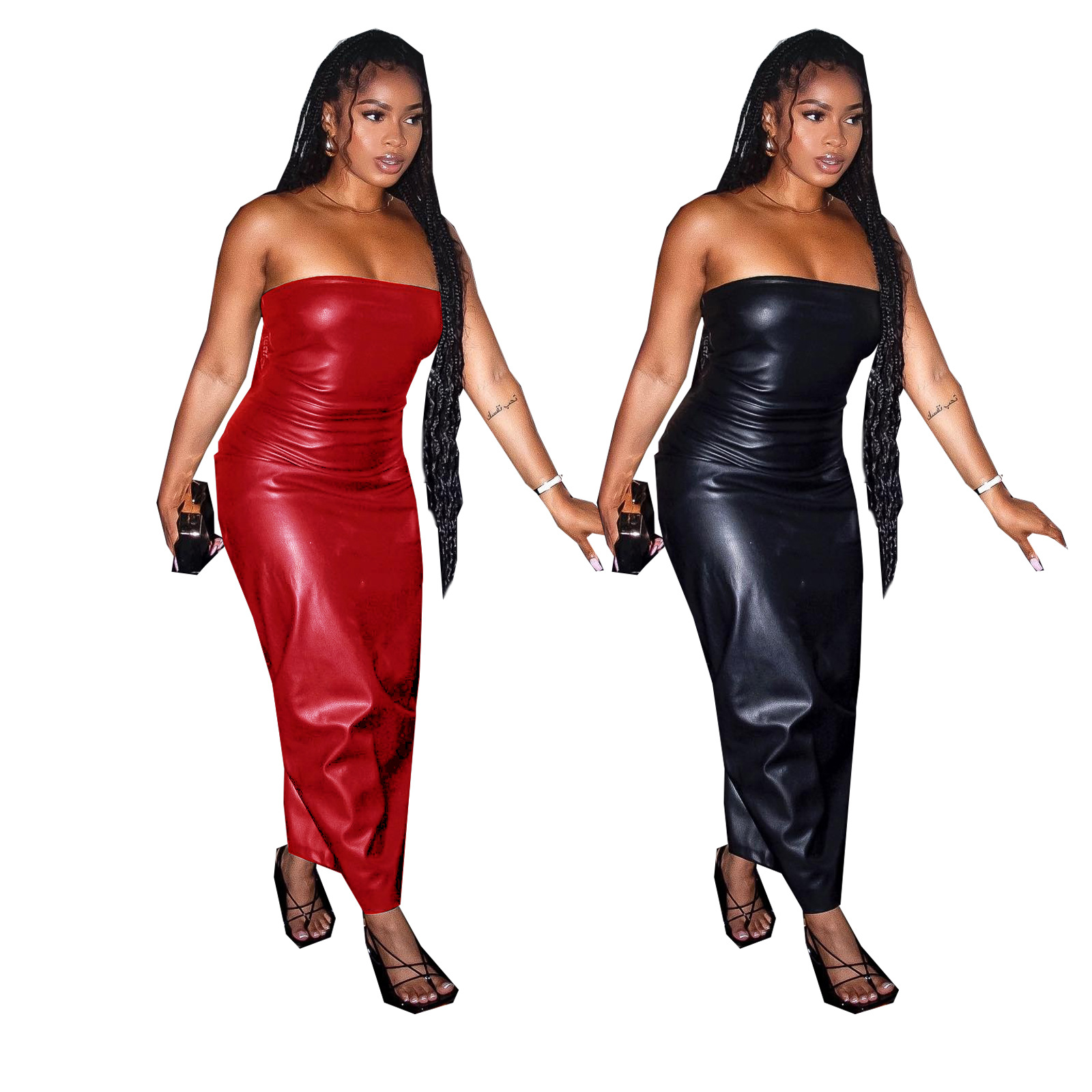 Vêtements pour femmes, poitrine enveloppée de bande de caoutchouc, fermeture éclair latérale, fente dans le dos, robe en PU, jupe longue en cuir_voghion.com