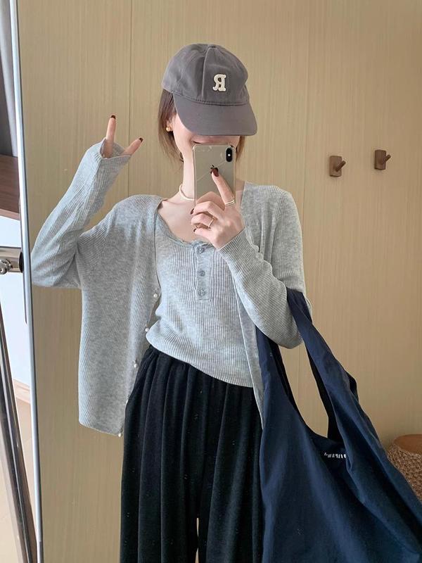 花边吊带两件套开衫上衣女2025夏季新款甜美气质简约风针织衫套装|undefined