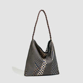 新款复古几何拼接格纹单肩包春夏百搭托特包简约文艺布包大容量25