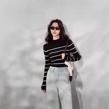 新款女装半高领修身条纹拼色加厚全羊毛针织衫打底上衣女