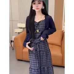 2025夏法式茶歇气质复古减龄针织披肩上衣+格子吊带半身裙三件套