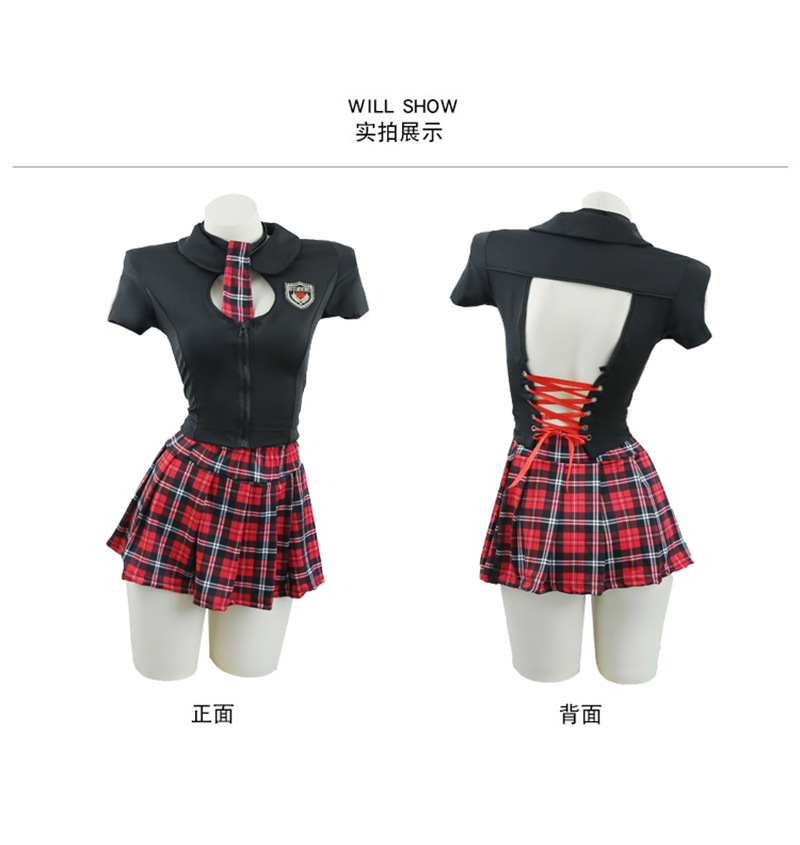 British College Style Student Uniform Costume Set with Plaid Skirt, Tie and Stockings — detail image 12