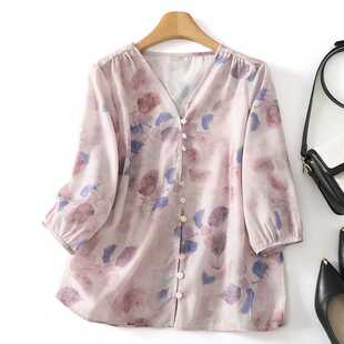 Real Shot of Ready-Made Printed V-Neck Shirt Tops Summer New Style Literary Elegant Retro Mid-Sleeve Cardigan Shirt for Women