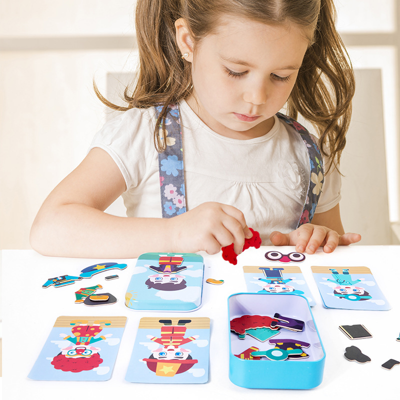 Caja de hierro para bebés Variedad Juego de disfraces Rompecabezas de expresión magnética Educación temprana para niños y niñas Juguetes de pegatinas magnéticas