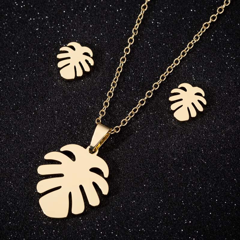 12g Weight PVD Coated 18K Gold Real Gold Plated Leaves 201 Stainless Steel Fashion Waterproof Non Tarnish Earrings Necklace