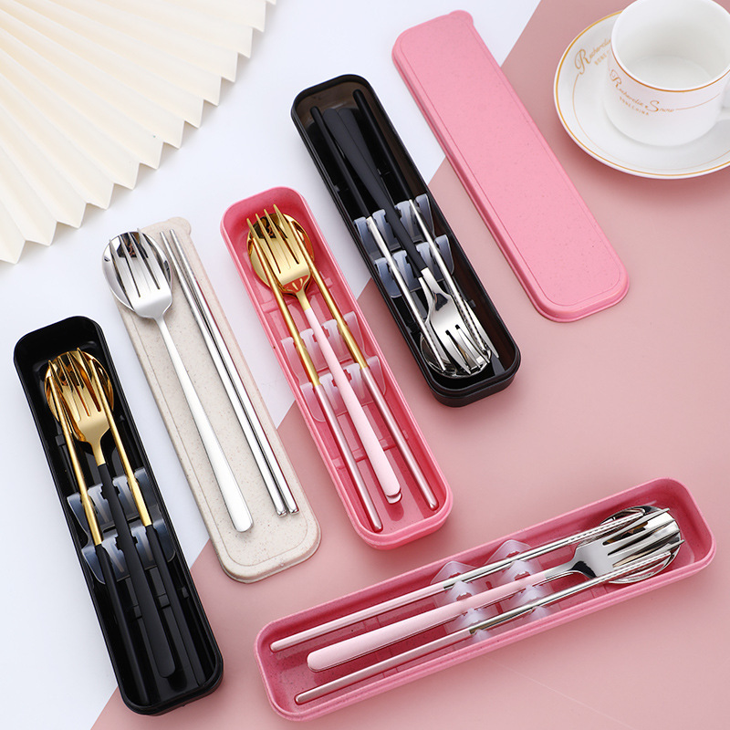 304 Stainless Steel Tableware Set Travel Set Spoon and Fork Set Korean-style Portable Tableware Spoon and Chopsticks Three-piece Gift Box 304 Stainless Steel Tableware Set Travel Set Spoon and Fork Set Korean-style Portable Tableware Spoon and Chopsticks Three-piece Gift Box