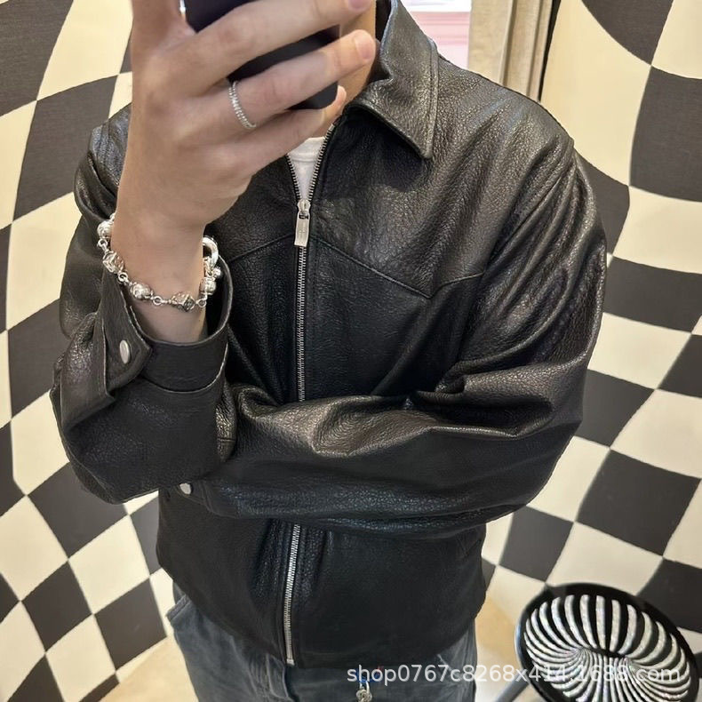 In-Stock Erd Melancholic Rich Second-Generation 22Fw All-Black Imported Lambskin Waxed Leather Short Jacket