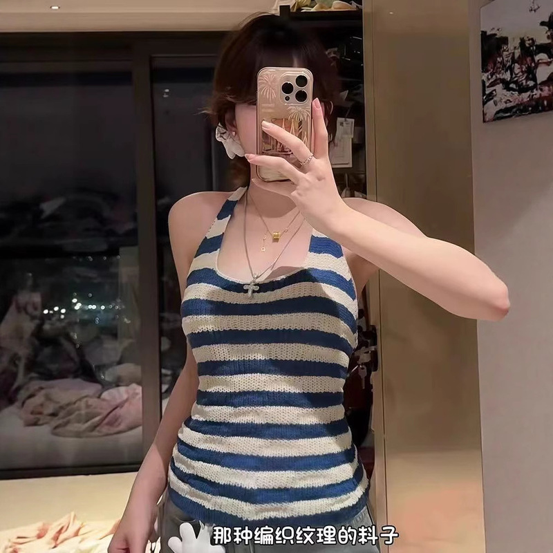 Knitted Halter Halter Haiyan Cool Style Camisole Summer Ice Silk Backless Striped Halter Slim Top