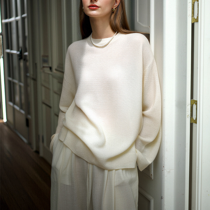 Spring and Autumn 100% Merino Wool Sweater for Women, High-Count Yangzi Yarn Sheep Wool Round Neck Knitwear, Commuting Casual Top