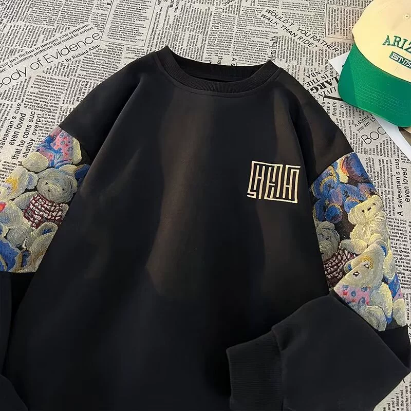 Свитер с круглым вырезом и вышивкой в национальном стиле, мужской на весну, осень и зиму 2023 Новый американский модный бренд, верхняя одежда больших размеров для мальчиков