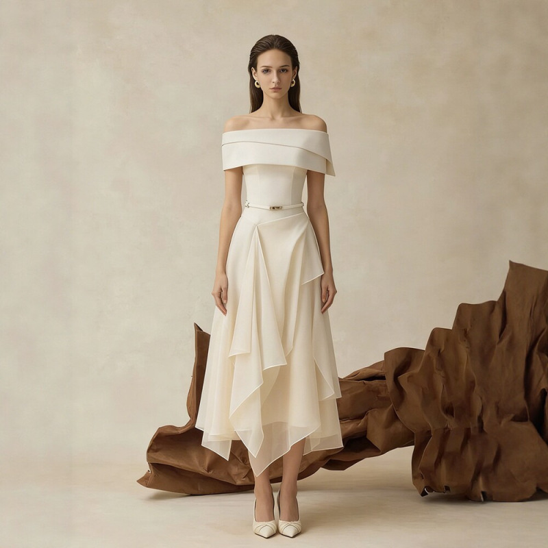 Cross-Border New Style One-Shoulder Waist-Cinching Irregular Dress for Women, Elegant Socialite Style, Mid-Length Slimming Gown for Banquets